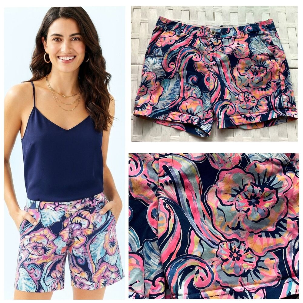 Lilly Pulitzer Jayne Shorts 7" Inseam Nauti Navy Boho Bateau Blue Floral Size 16